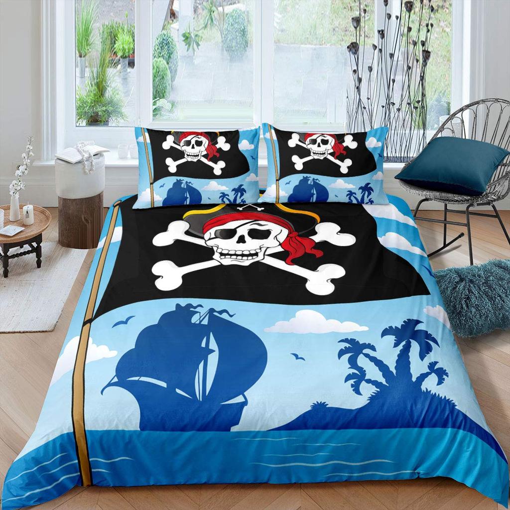 Pirátský povlak na přikrývku Žraločí zátoka Ostrov Tortuga Karibské vody Retro Jolly Roger Hořčicově modrá Dekorace do ložnice Ženy Děti Muži