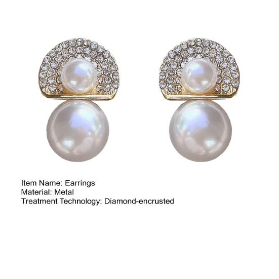 White Faux Pearl Stud Earrings with Semicircle Zirconia Crystal Top Lightweight Silver Needle Bridal Earrings for Brides Bridesmaids Wedding Party