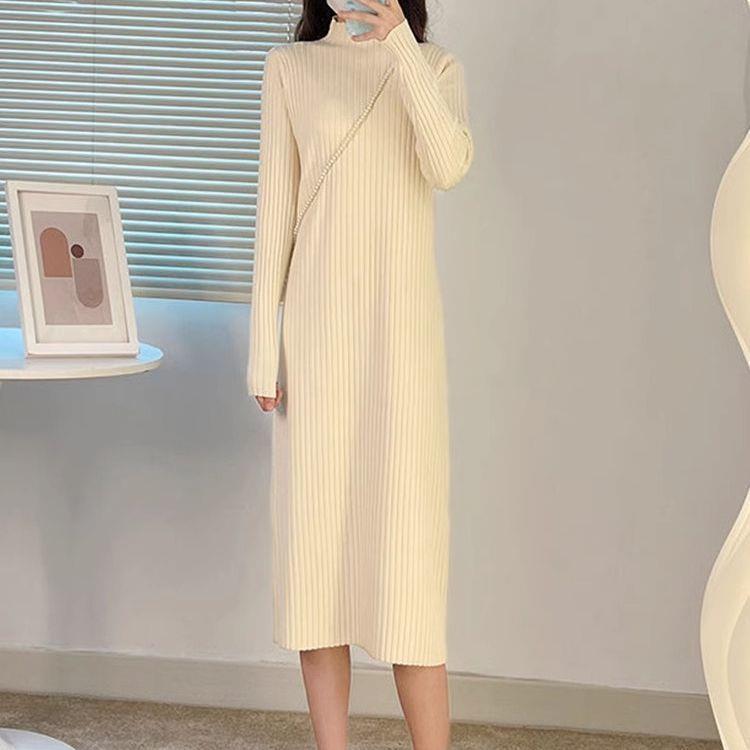 2025 Autumn/Winter Knit Dress: Slim-Fit Half-High Collar, Stylish Mid-Length Over-the-Knee Coat Dress.