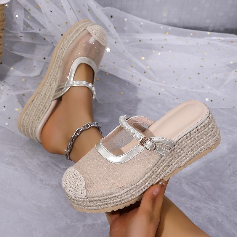 Breathable Lace Wedge Heel Mules Women 2025 Summer Luxury Pearl Chain Close Toe Slippers Bohemia Soft Hemp Sole Sandals Women