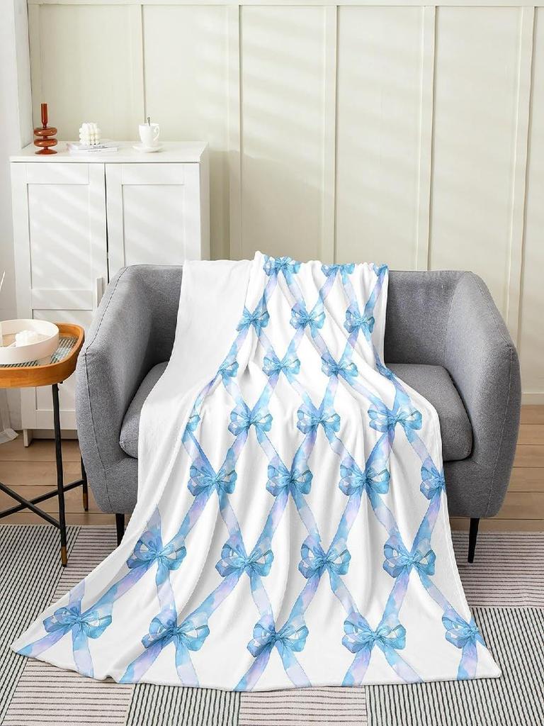 Cute Bowknot Fleece Blanket Princess Style Blue Bow Watercolor Plush Throw for Home Decor Geometric Grid Minimalist Dreamy Sofa