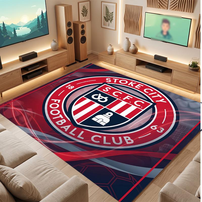 Stoke City Football Print Crystal Velvet Rug, Comfortable Water Absorbent Non Slip Indoor Floor Carpet