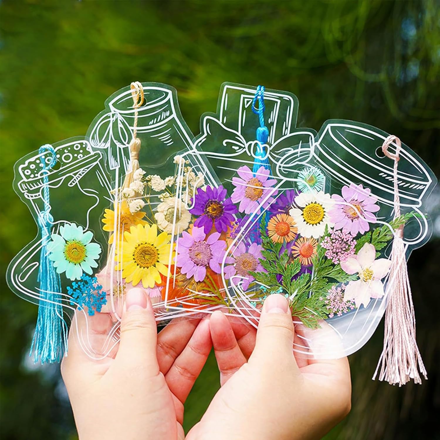 Large DIY Transparent Pressed Flower Bookmarks Kit,Handmade Clear Thousand Flowers Bookmark,DIY Transparent Glass Jar Stickers X
