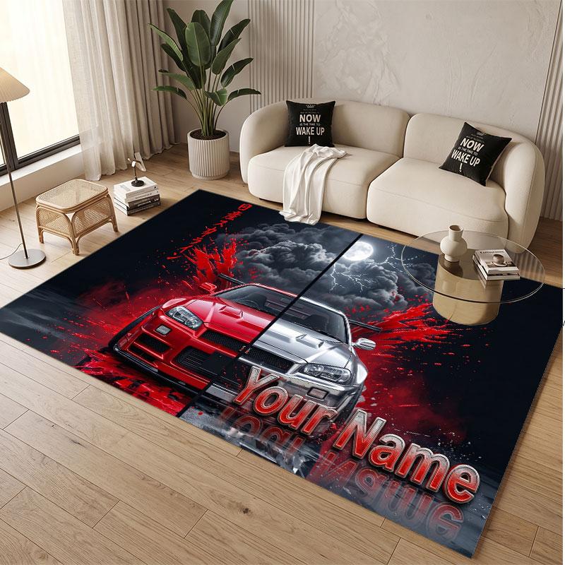 Car Racing Theme Soft Crystal Velvet Rug Custom Name & Text Print Non Slip Floor Rug for Bedroom Living Room