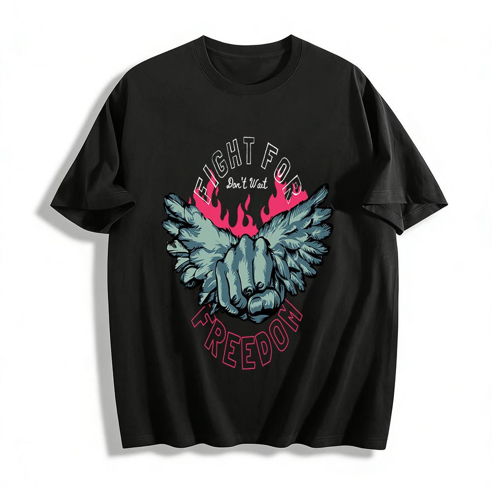 

Freedom Wing Fist Flame Print Casual Short Sleeve T-Shirt Pure cotton T-shirt XXS