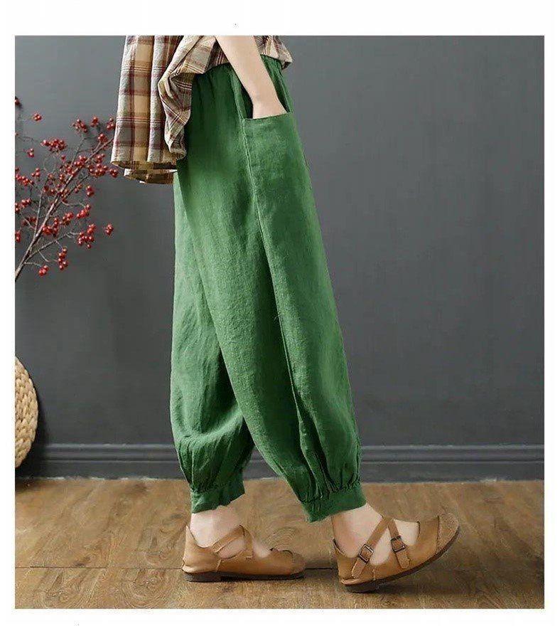 Dámské letní 100% bavlněné lněné lampionové kalhoty - Ležérní, volné, devítibodové, haremového stylu s manžetami na zavazování