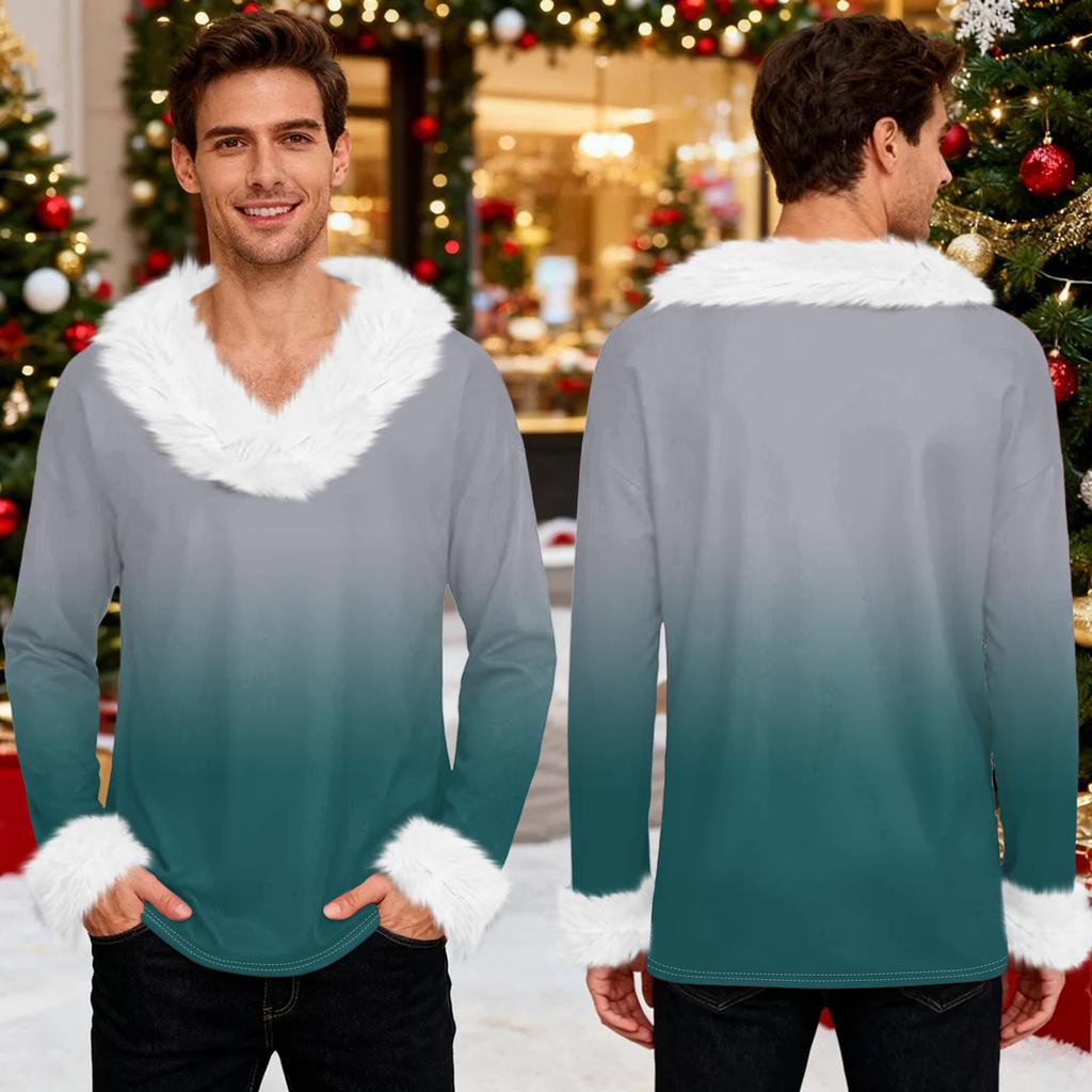 Men's Christmas Printed Fleece Lined Hoodie | Faux Trim Party Sweatshirt With Pocket | Plus Size Loose Fit Holiday Pullover