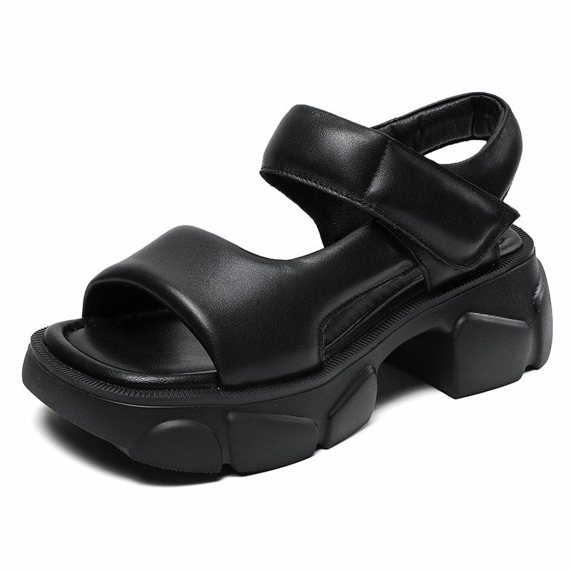 Fashion 6CM Top Layer Cowhide Square Head Open Toe Sandals Platform Elevator Shoes High Heel Sandals 2025 Summer Women Sandals Tide