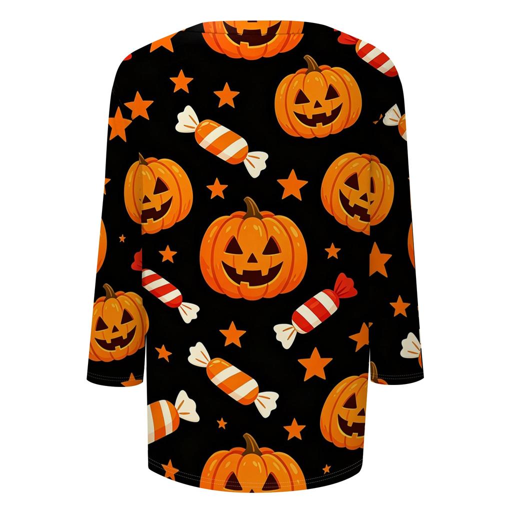 Women's Casual Halloween Print 3/4 Sleeve Round Neck Top Lightweight Soft Fabric Pullover Shirt for Everyday Wear