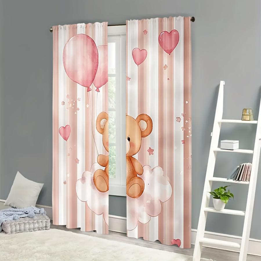 2PCS Digital Printed Curtains with Sweetheart Bear Design, Stylish Window Drapes for Living Room Bedroom Home Decoration
