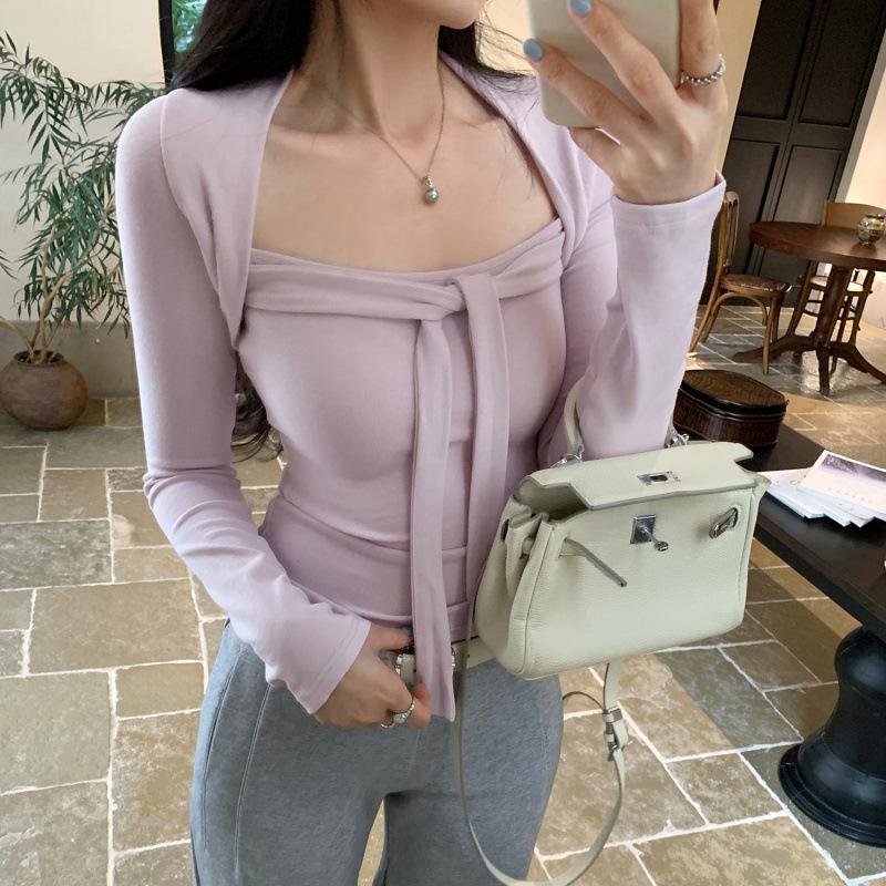 Women's Lace-Up Square Neck Slimming Crop T-Shirt for Autumn/Winter 2025