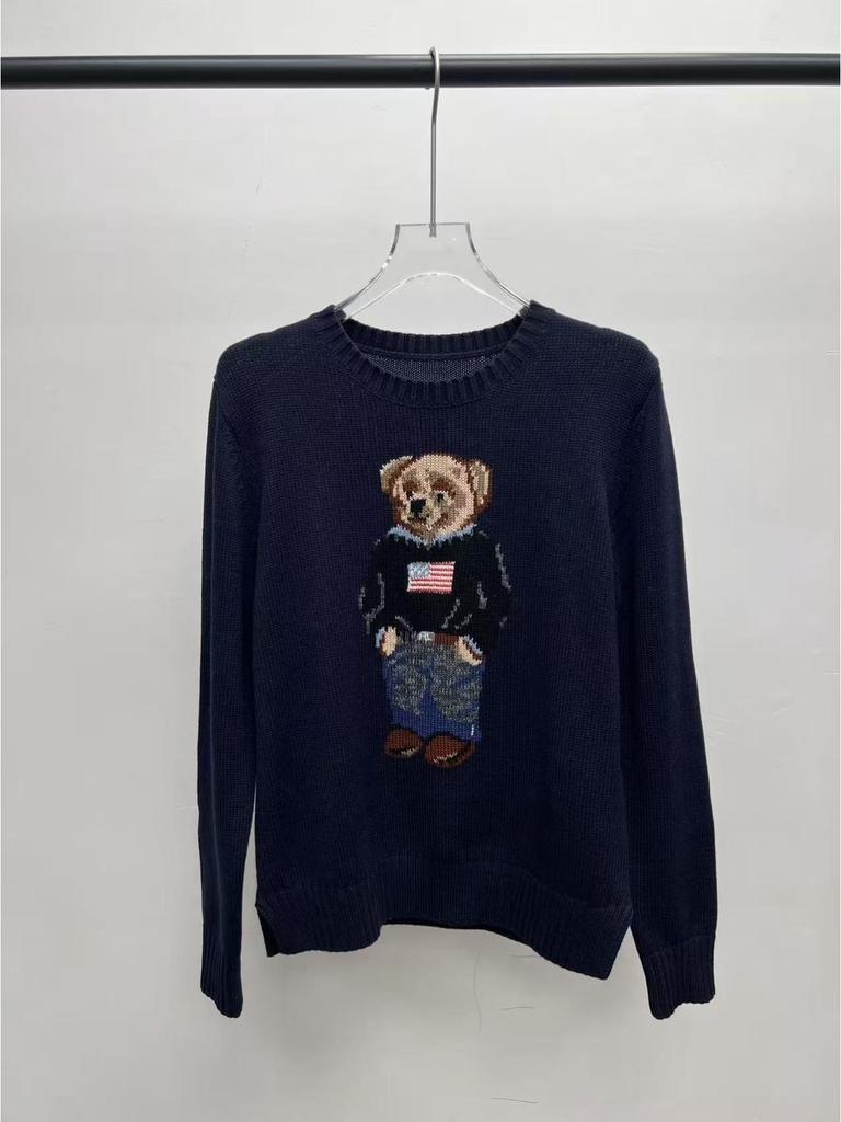 2025 R.L Wool Blend Cartoon Bear Round Neck Sweater - Women's Autumn/Winter Versatile Embroidered Style