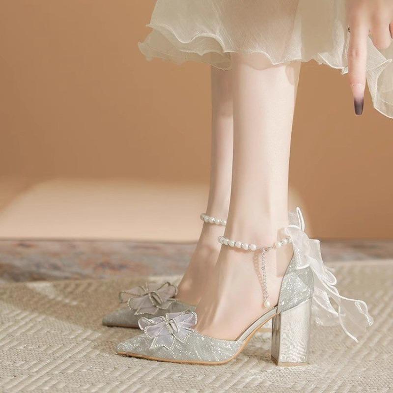 Women Wedding Shoes Pointed Thin Dress Thick Heels Bow Silver Beautiful High Heels Adult Ceremony Party Lady Pumps Zapatos Mujer