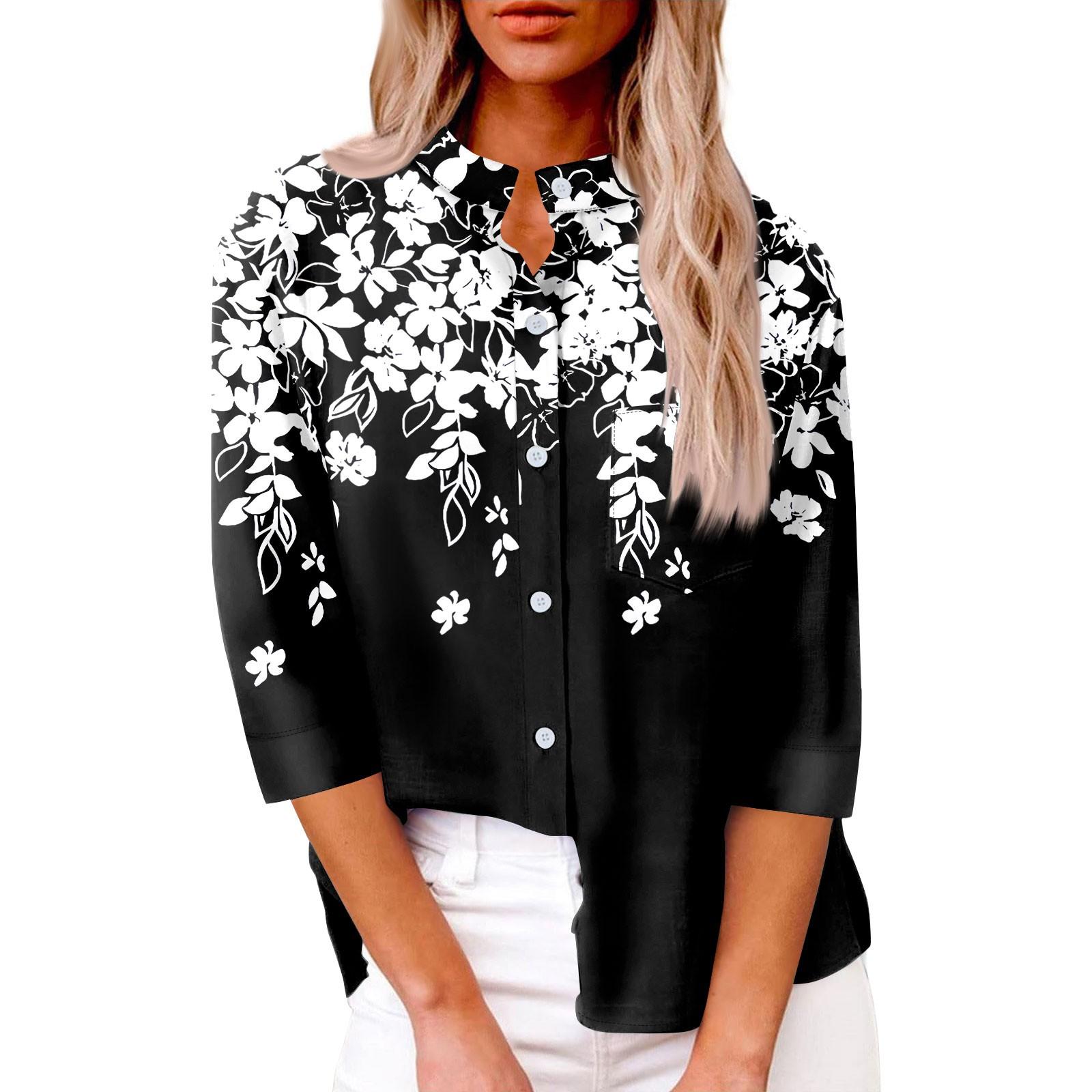

Женская модная повседневная рубашка на пуговицах, свободный топ из семи рукавов с винтажным цветочным принтом XL белый