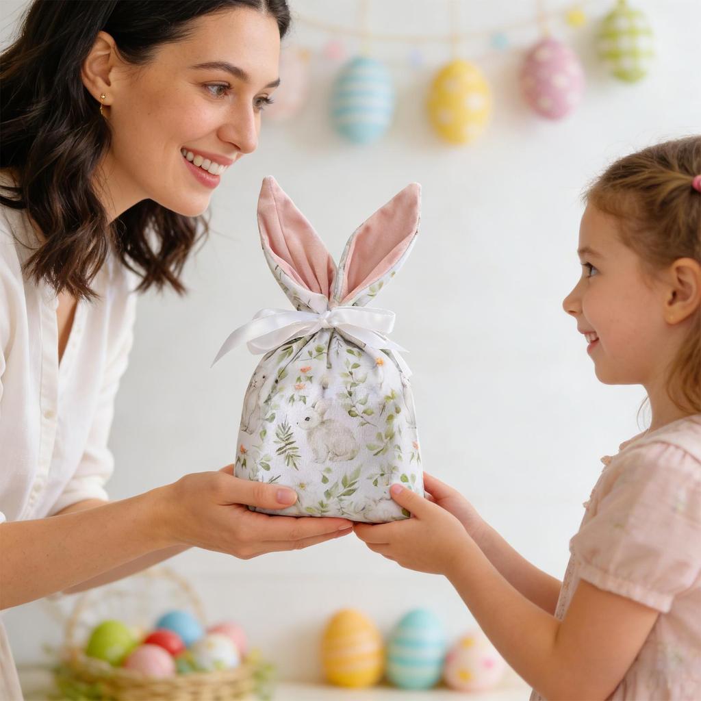 Easter Candy Bags 10 Pieces Bunny Ear Drawstring Treat Bags Goody Favor Bags for Party Holiday Birthday Easter Egg Hunt Supplies