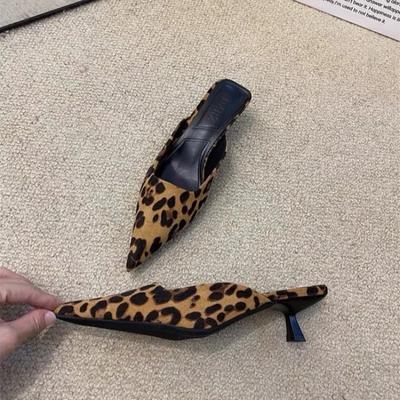 Sandalias de lujo para mujer, zapatillas con punta puntiaguda y diseño de leopardo, de PU, poco profundas, sin cordones, tacones bajos finos, mocasines informales para exteriores