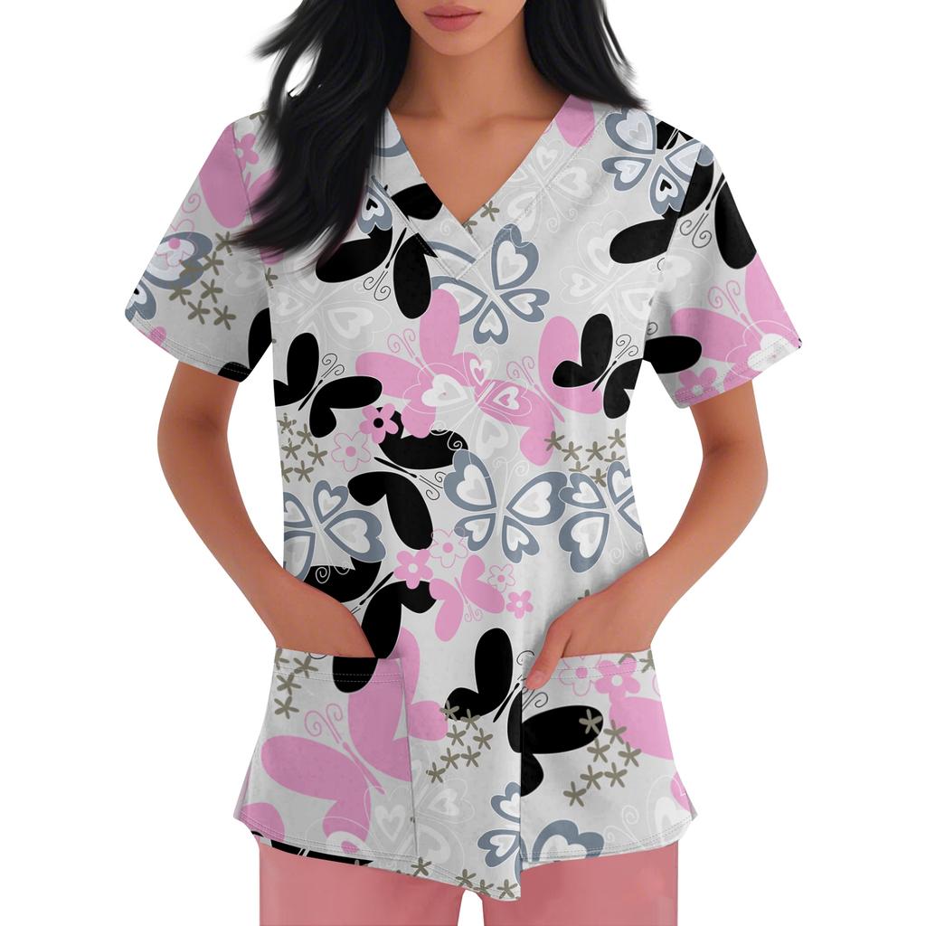 Damen V-Ausschnitt Cartoon-Print Kurzarm Tasche Seitenschlitz Schutzkleidung Oberteil