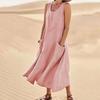 Summertime Pocket Sleeveless Round Neck Women Cotton and Linen Dress