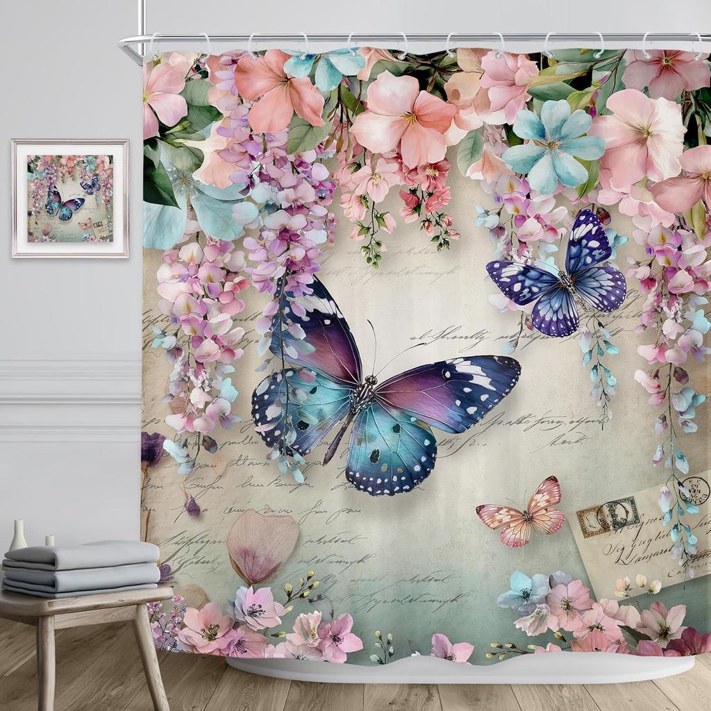 Floral Butterfly Shower Curtain Spring Pink Blue Vintage Flowers Purple Lavender Weeping Wisteria Blossom Envelope Bathroom