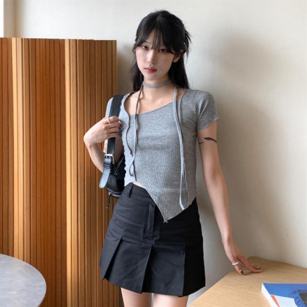 New Arrivals Open Run Women Unbalanced Slim FiT ShorT Sleeve T shirT Neck sTring