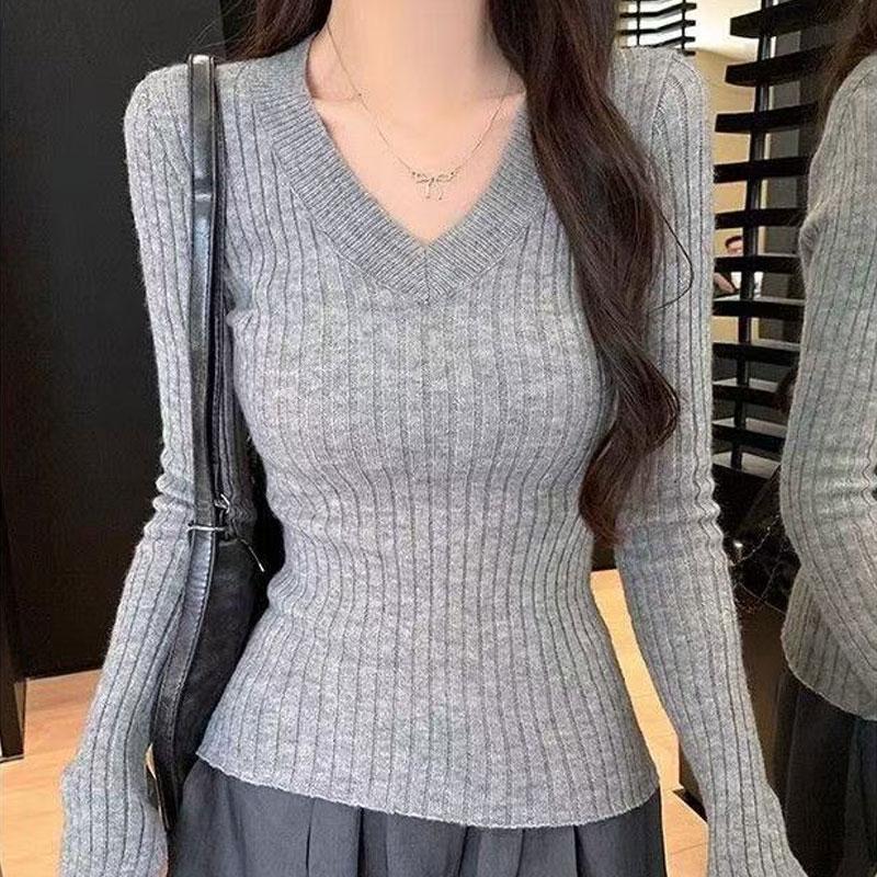 Vintage Solid Color Slim Knitted Pullovers Women's Clothing American V-Neck Autumn Winter Hotsweet Long Sleeve Basic Sweaters