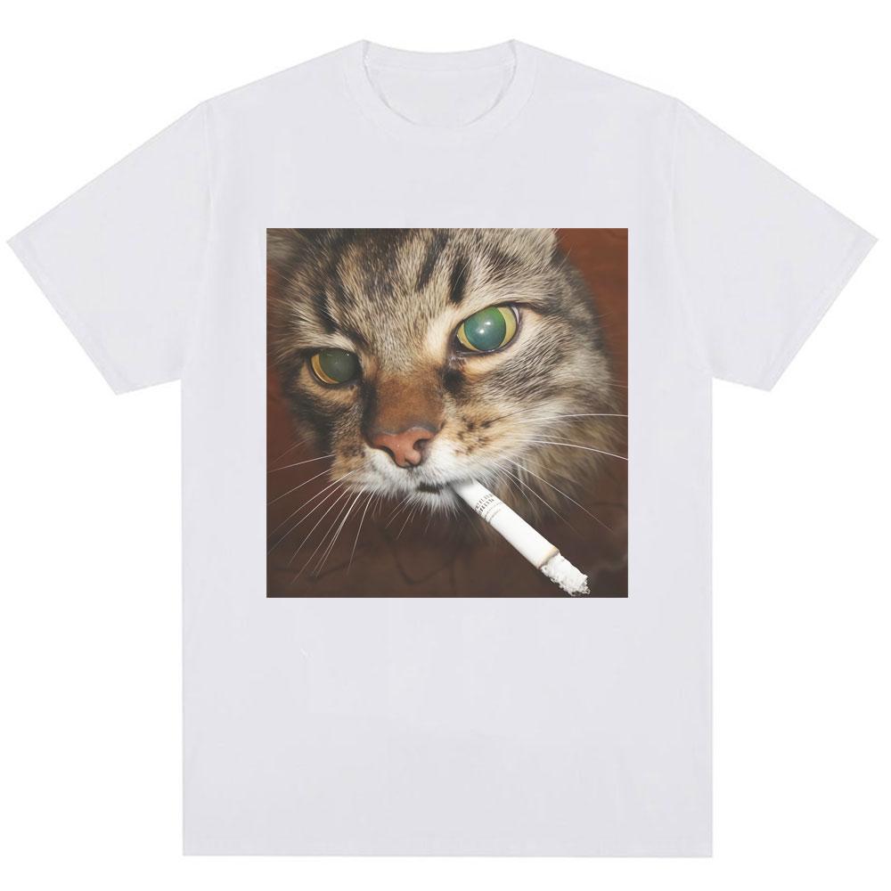 Summer Funny Smoking Cigarette Cat Meme Graphic T-Shirt Men Women Fashion Vintage T-shirts Pure Cotton Casual T Shirt Streetwear