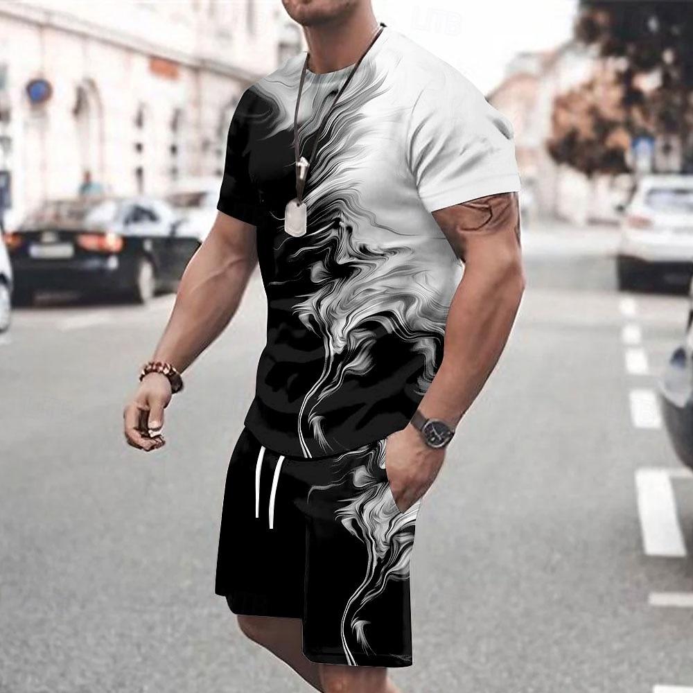 

Men s splatter 2pcs Tees Summer Tops Short Sleeve Short Pants Crew Neck Sport sets S