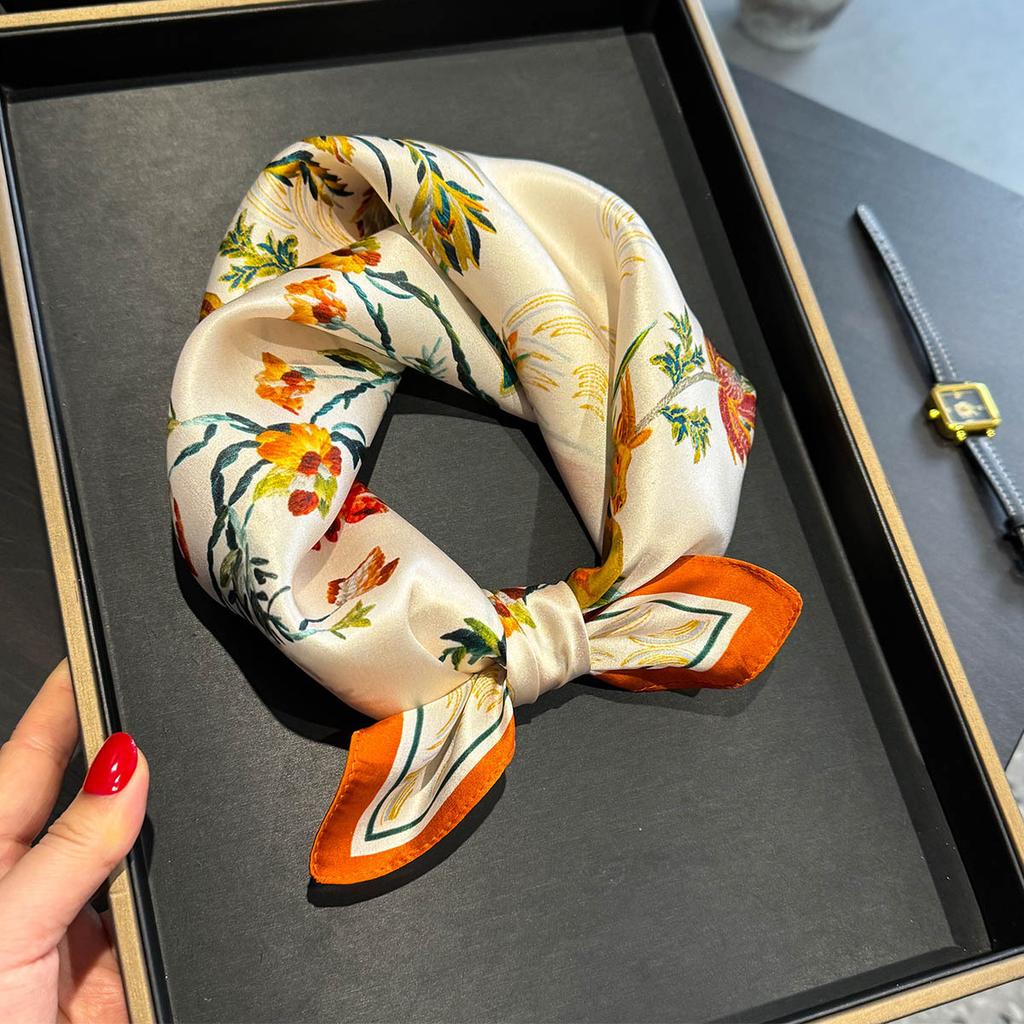 Luxury 100% Real Silk Scarf Women Floral Print Bandana Shawl Lady Neckerchief Handkerchief Female Neck Bag Decorative Wrap 53cm