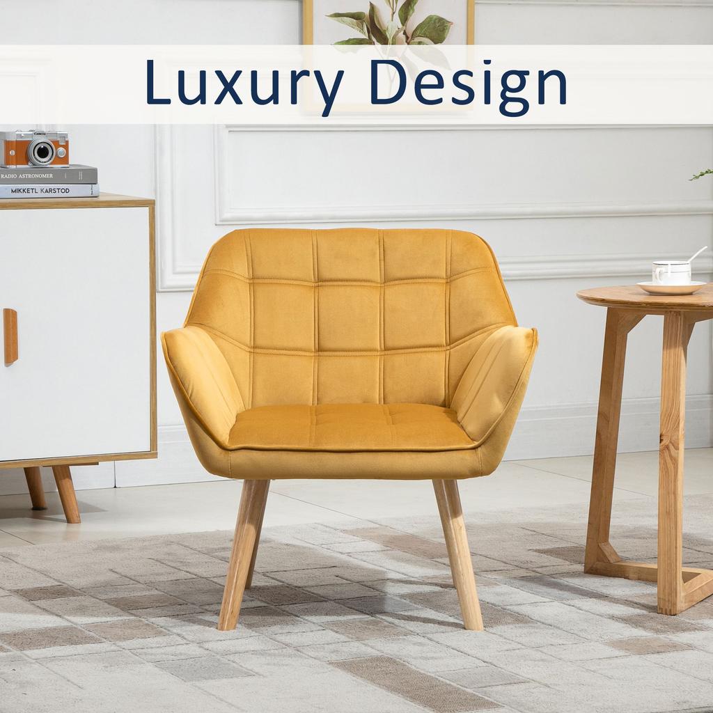 Armchair Accent Chair, Vanity Chair with Wide Arms, Slanted Back, Padding, Metal Frame, Wooden Legs, Home Bedroom Furniture Seating, Yellow