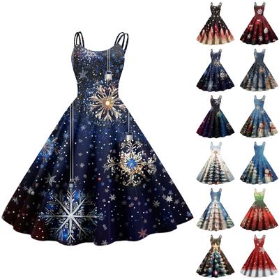 Women's Fashion Christmas Printed Sexy Strapless Gothic Cocktail Dress Punk Vintage Dress