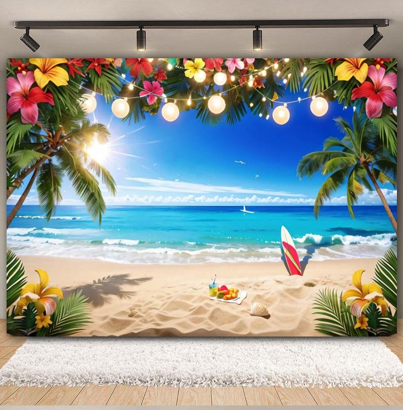 Tropischer Strand Hintergrund für Fotografie Sommer Hawaii Blaues Ozeanwasser Meeresufer Palme Kinder Feiertagsparty Foto Hintergrund Dekoration