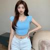 Women Solid U Neck Slim Exposed Navel Knitted Short Sleeve T-Shirt Tops