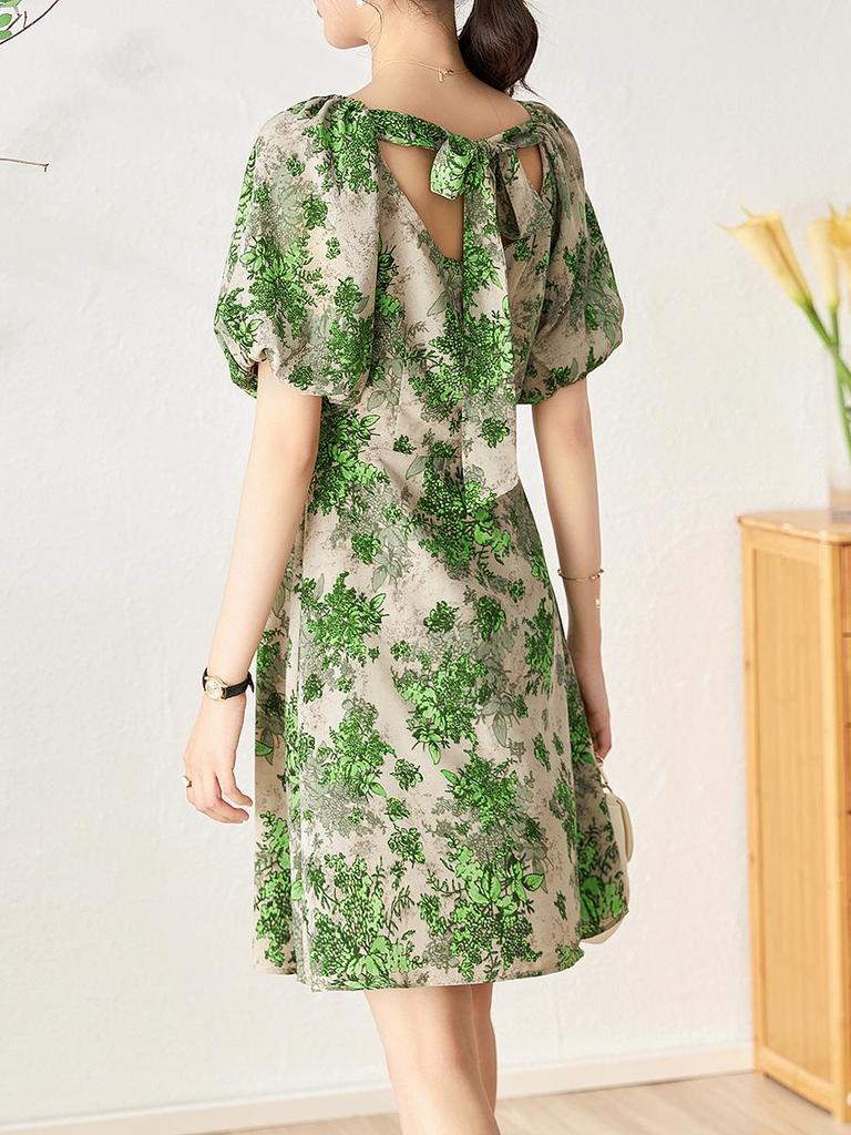 Sweet V-Neck Puff Sleeve Floral Tie-Back Dress