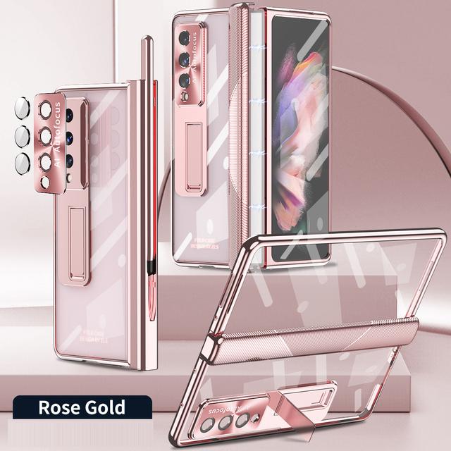 

Магнитный шарнир гальваническая рамка прозрачный чехол для Samsung Galaxy Z Fold 4 чехол с закаленным стеклом S Pen кронштейн Case with Pen розового золота