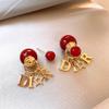 New Year's Red Zircon Letter Fringed Stud Earrings Niche Design Earrings Earrings
