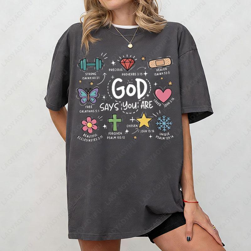God Says You Are Funny Graphic T Shirts Bible Verse Doodle Cotton Shortsleeve Tees Retro Style Men Woman Fashion Casual Wear