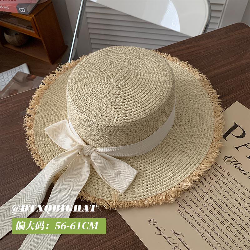 Straw Hat Women's Fashion Elegant Pleated Ribbon Flat-top Sunshade Hat Vacation Travel Sunscreen Hat