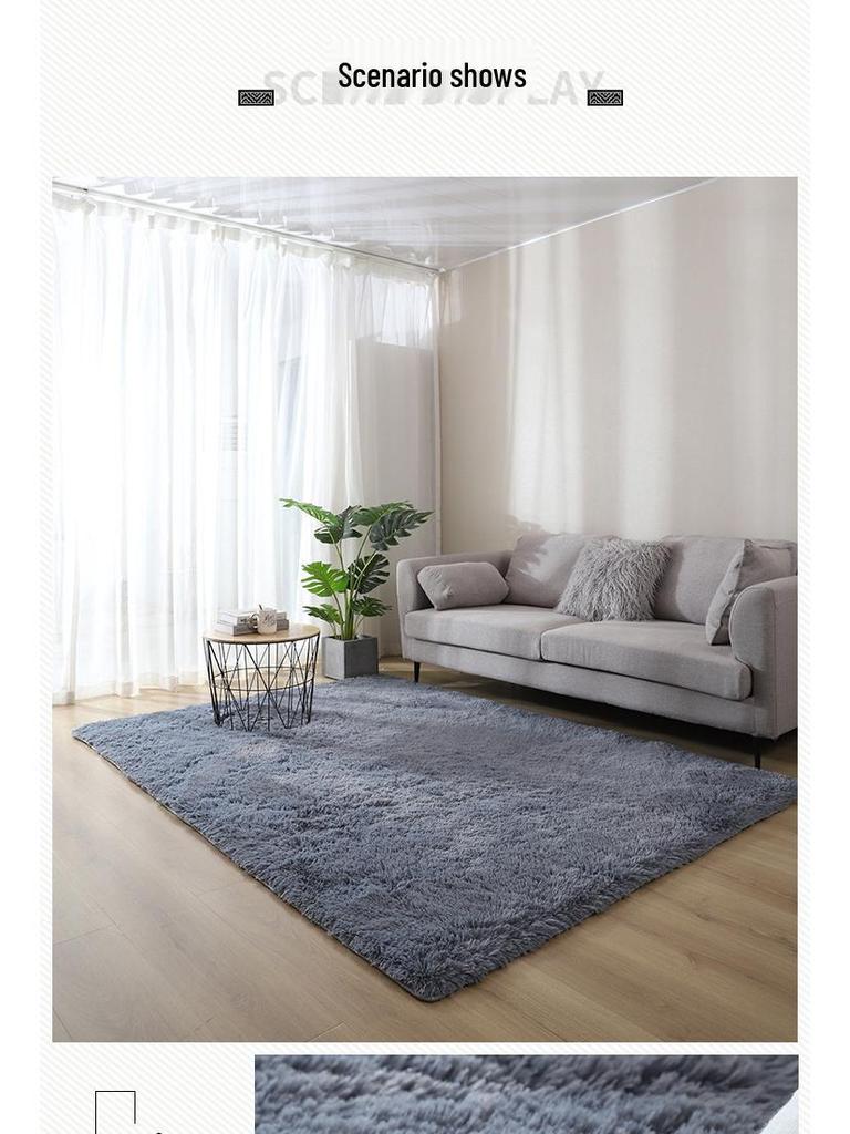 Long Pile Silk Wool Carpet - Full Coverage Bedroom and Living Room Rug, Solid Color