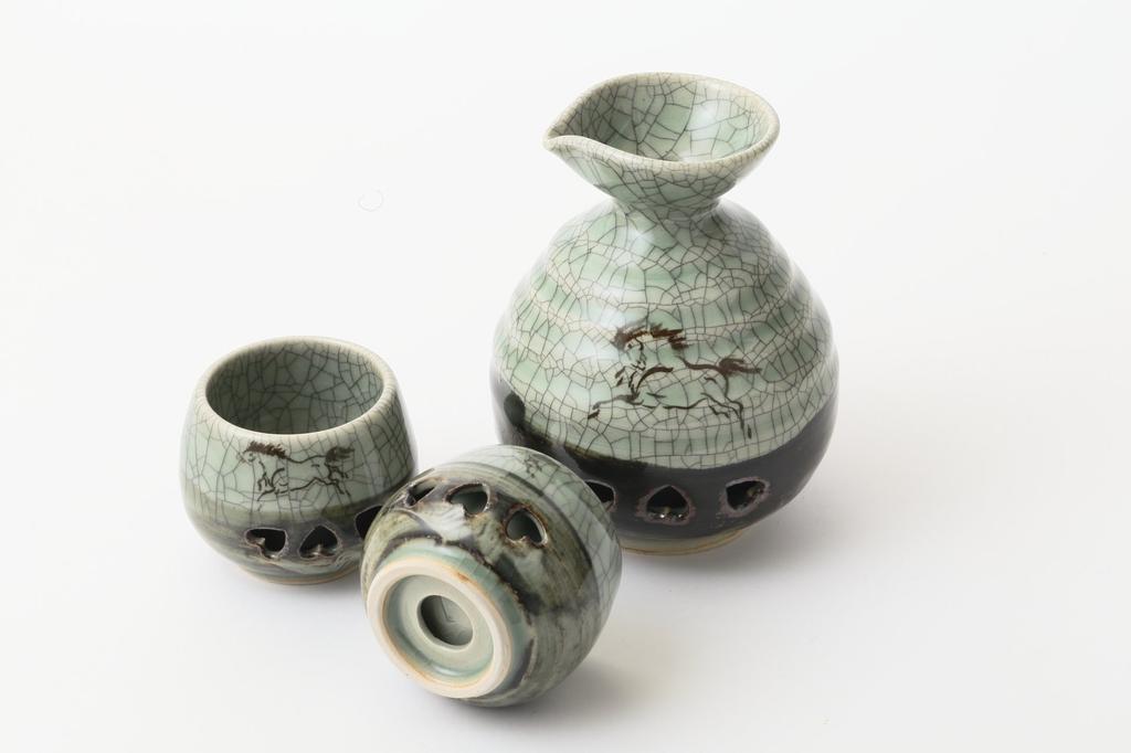 Ohori Soma Ware Matsunaga Kiln Sake Bottle and Sake Cup Set Sake Double-Round Double-Round (2 Cups)