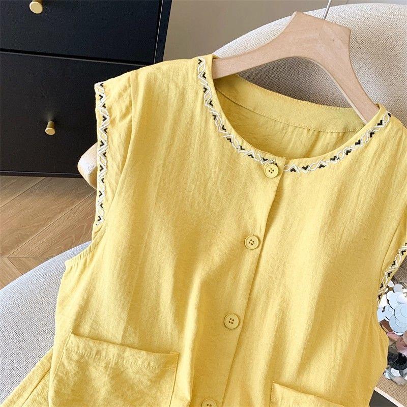 Korean Style Sleeveless Cotton Linen Vest Women Embroidered Summer Top
