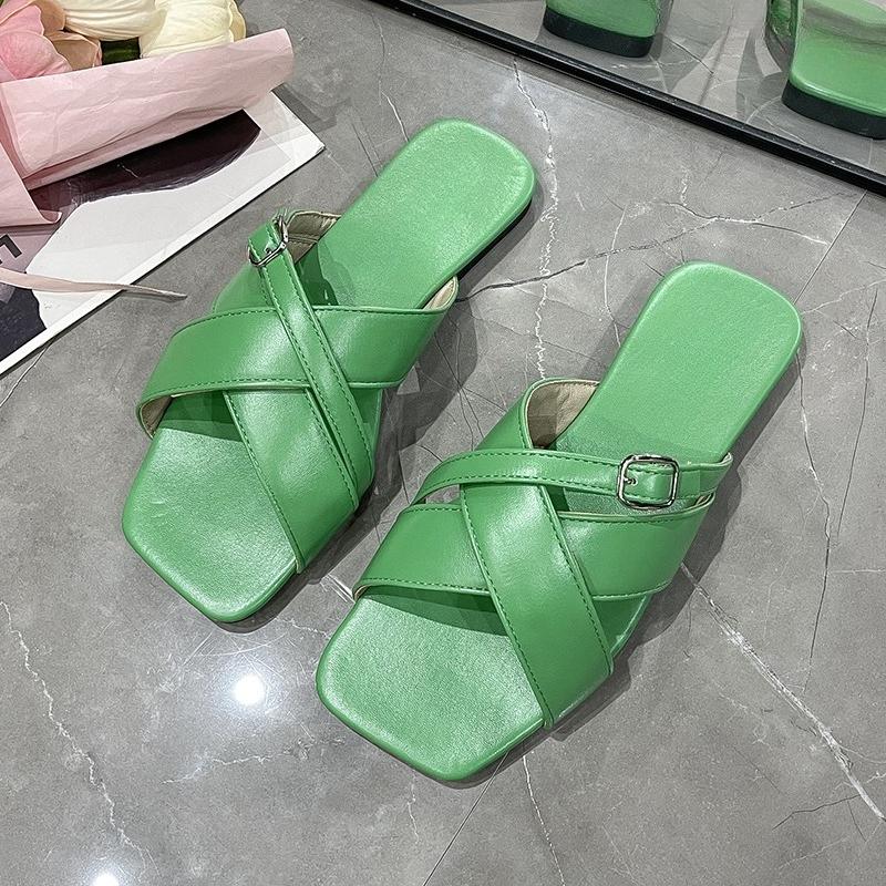 Fashion Rome Sandals and Slippers Summer New Outward Wear Square Toe Open Toe Metal Buckle Soft Sole Non-slip Slip-on Beach Sandals
