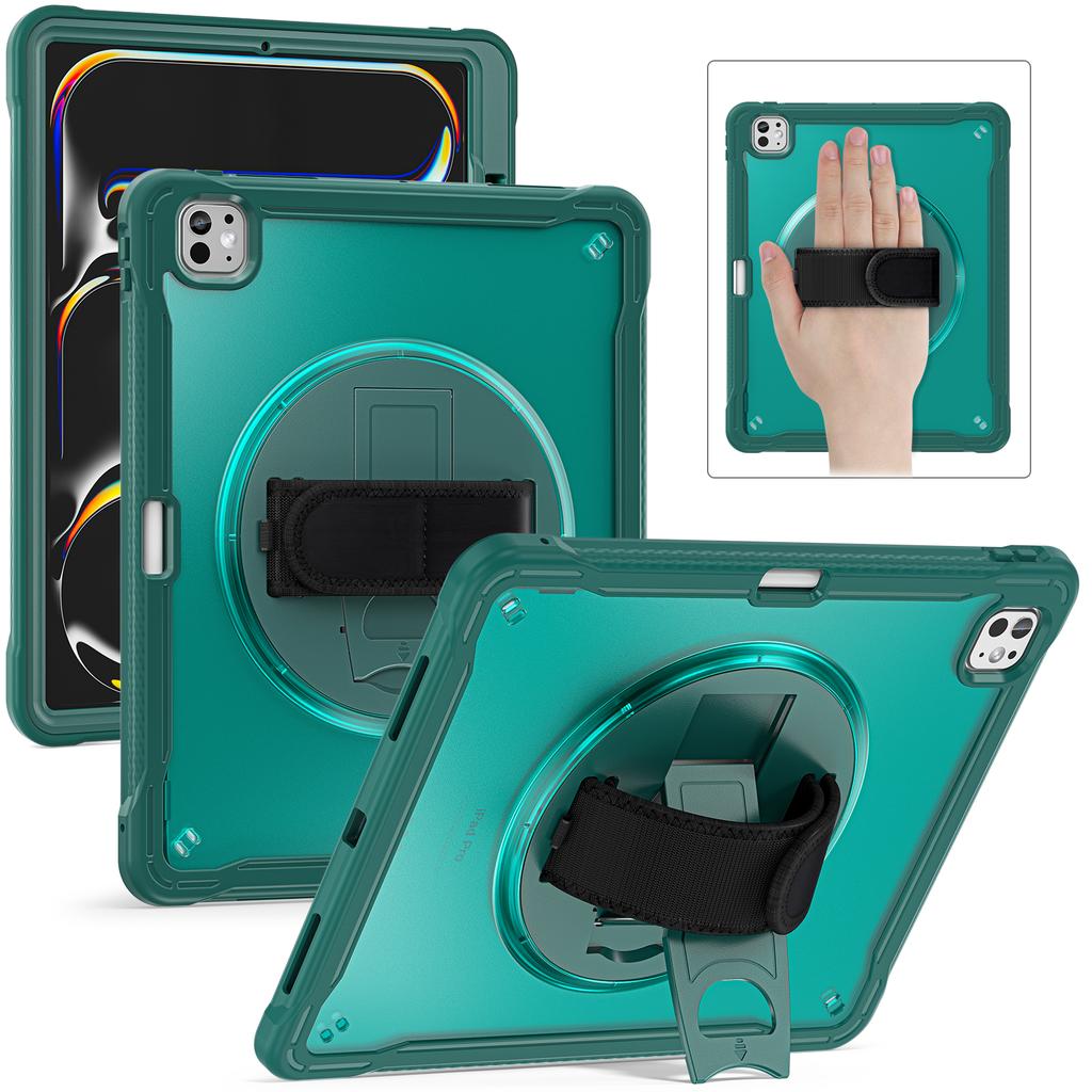 Kickstand Tablet Cases for iPad Pro 13 2024 Kids Friendly Pencil Holder Hand Strap Adjustable Shoulder Strap 360 Rotating Covers