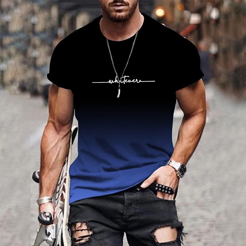 Men's Gradient Letter Printed Comfortable and Breathable Round Neck T-shirt Outdoor Street Fashion Top