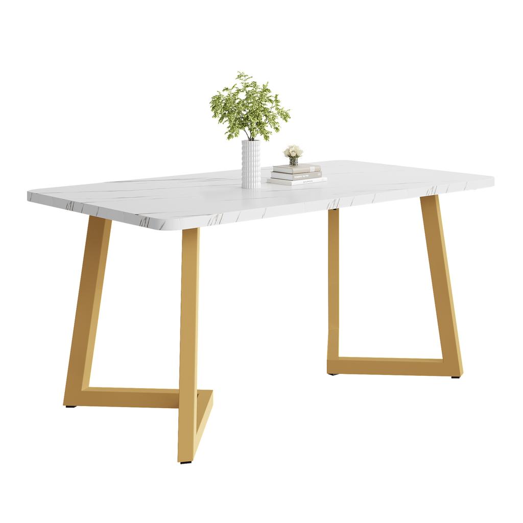 117x68cm Dining Table, Metal Frame, Rectangular Modern Marble Pattern Kitchen Table with Metal Legs for Dining Room Living Room, White, Golden/White