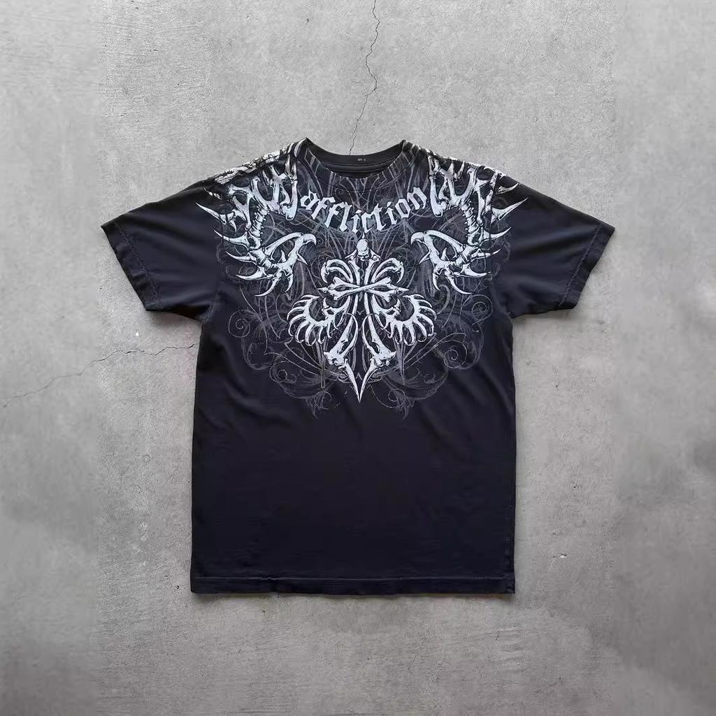 Vintage Black Gothic Printed Hip Hop Street Fashion Y2K Plus Size T-Shirt Crew Neck Short Sleeve Women's