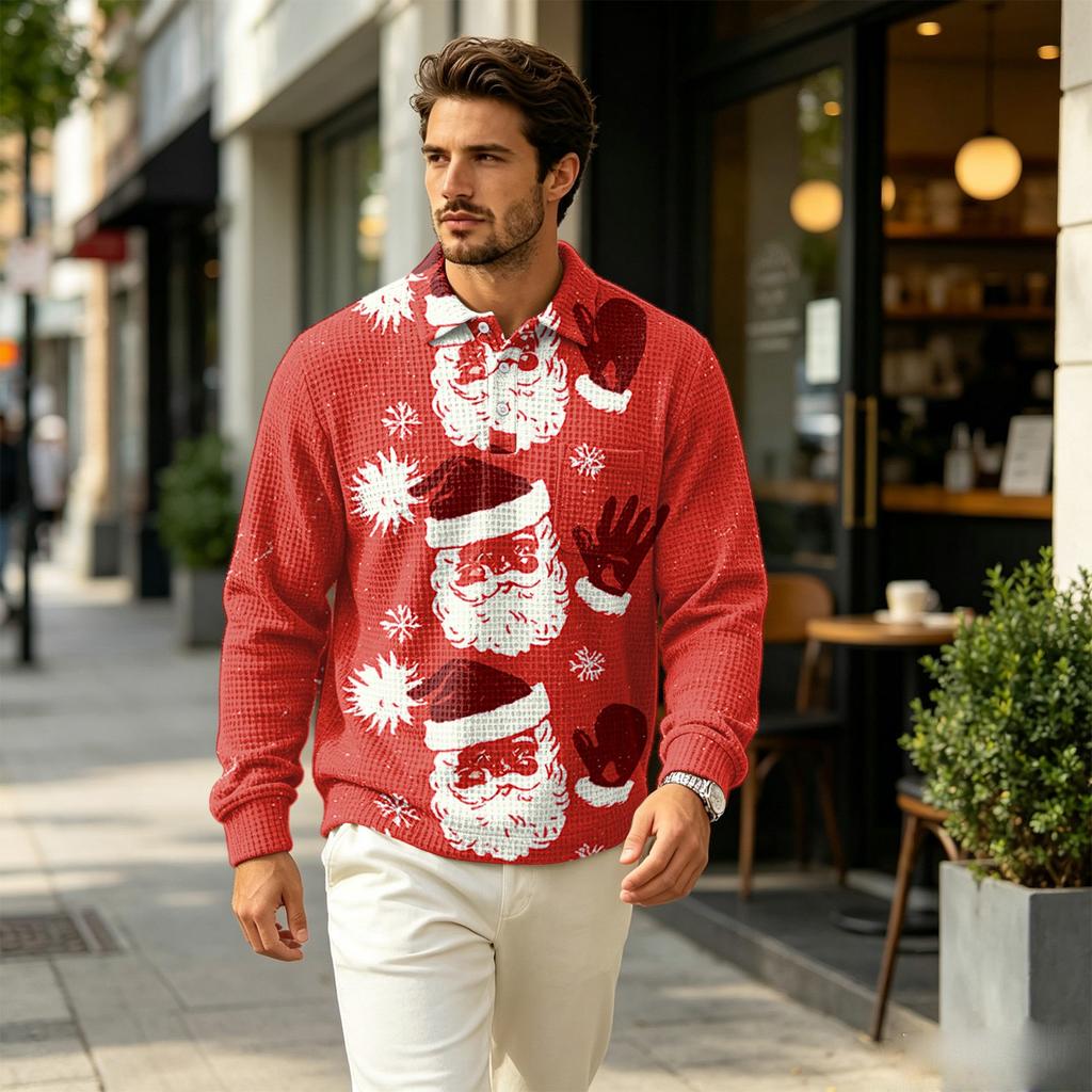Men's Fall Knit Pullover with Collar and Pocket, Christmas Print Long Sleeve Casual Top