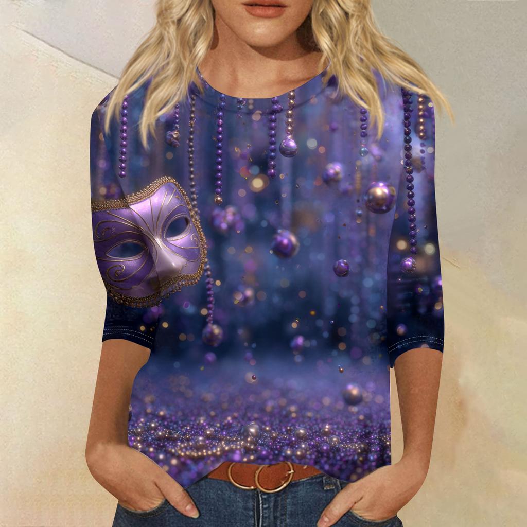 Dámské módní ležérní tričko s kulatým výstřihem a tříčtvrtečním rukávem s potiskem karnevalu