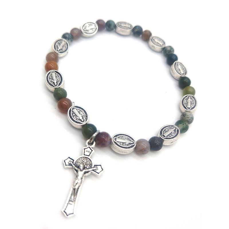 Beaded Stretch Rosary Bracelet with Cross-Charm Catholic Bracelets for Women Girls Religious Rosary Jewelry Wristband