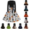 Women's Long Sleeve Round Neck Dress with Printed Skirt and Waist Tie Casual Vintage Style Halloween Inspired Dress for Daily Wear