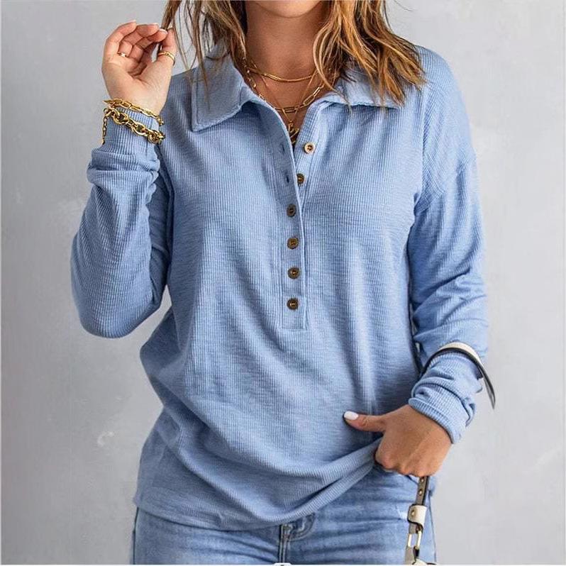 Suéter de Punto de Color Sólido con Solapa y Manga Larga de Botonadura Sencilla, Camisetas Casuales Holgadas para Mujer